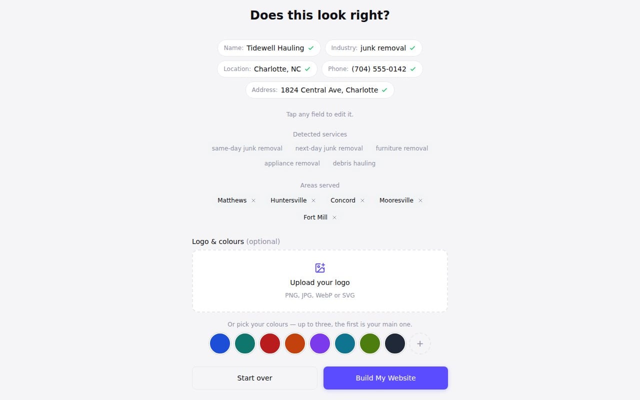 The "Does this look right?" step before a site is built, for a junk removal business in Charlotte, NC: its name, industry, location, phone number and street address, five detected services, five areas served each with a remove button, and a Build My Website button