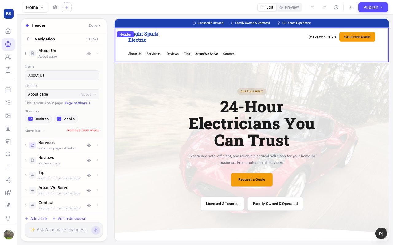 Zarla's editor with the Navigation panel open on the left: the About Us link is expanded to show its name, the page it links to, and Desktop and Mobile switches, above the rest of the menu links; an electrician's home page is on the right.