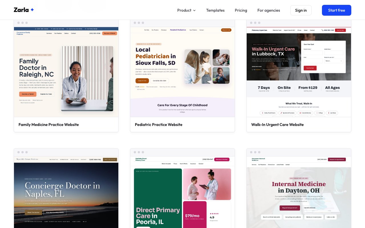 Six of the eight doctor website designs in the template gallery grid