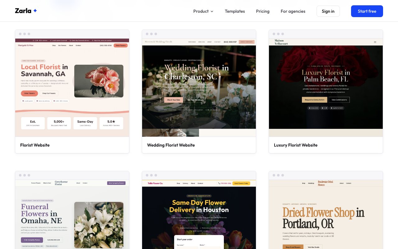 The florist template gallery showing designs for a local florist, a wedding florist, a luxury florist, a funeral florist, same-day delivery and a dried flower shop