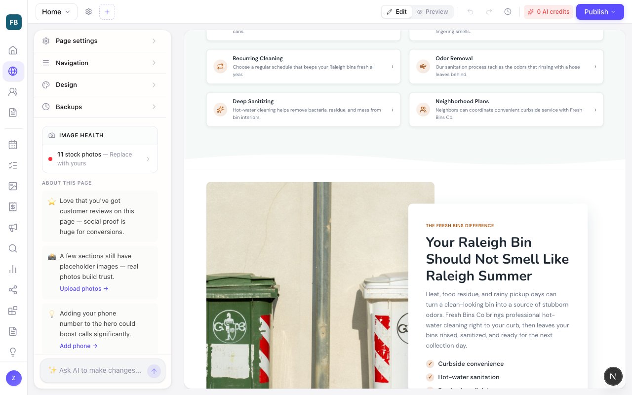 The editor showing a new trash can cleaning home page: service cards above a photo of a green and a white wheelie bin beside the heading “Your Raleigh Bin Should Not Smell Like Raleigh Summer”