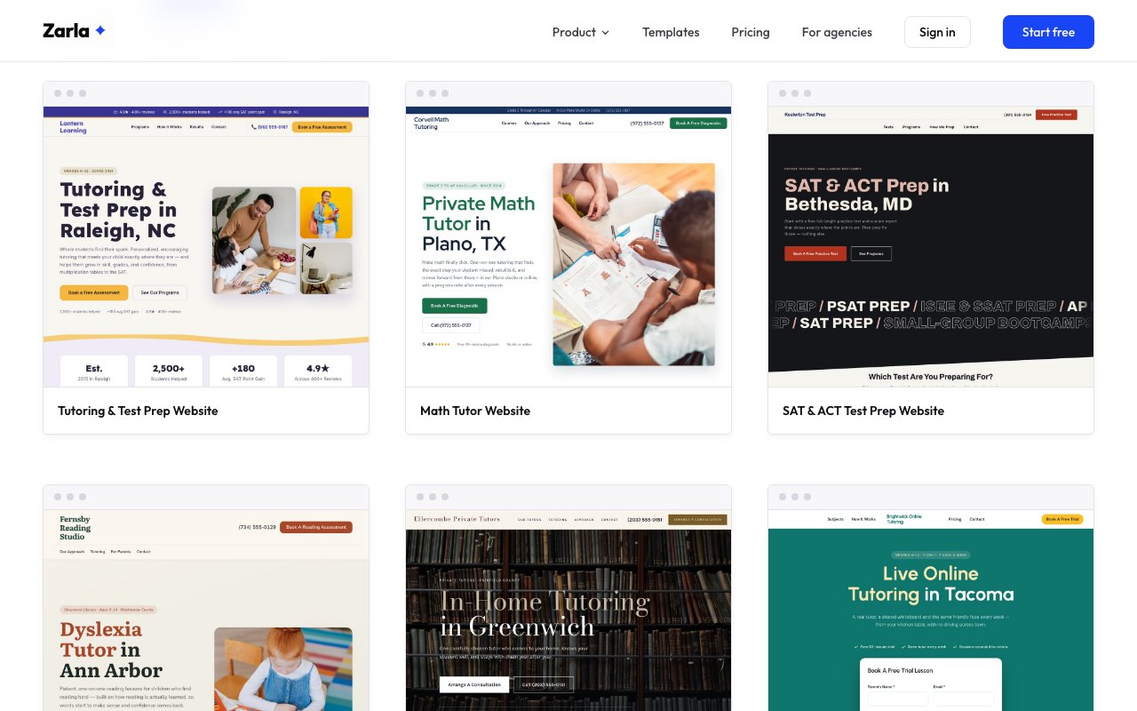 The tutoring template gallery showing designs for a tutoring center, a math tutor, SAT and ACT prep, a reading and dyslexia tutor, an in-home private tutor and online tutoring