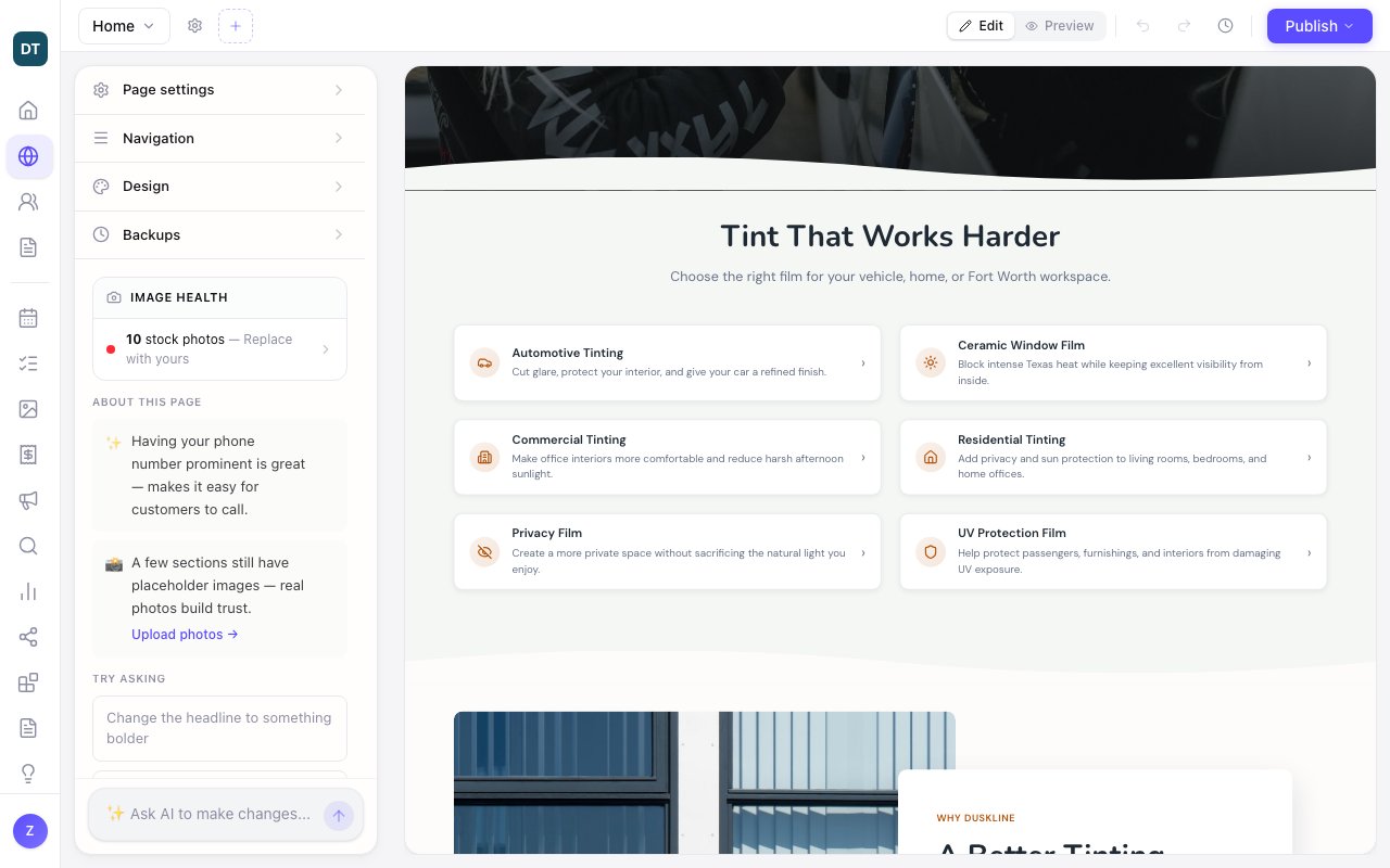 The editor showing a newly built window tinting website, scrolled to its services under the heading Tint That Works Harder: Automotive Tinting, Ceramic Window Film, Commercial Tinting, Residential Tinting, Privacy Film and UV Protection Film, each with a short description