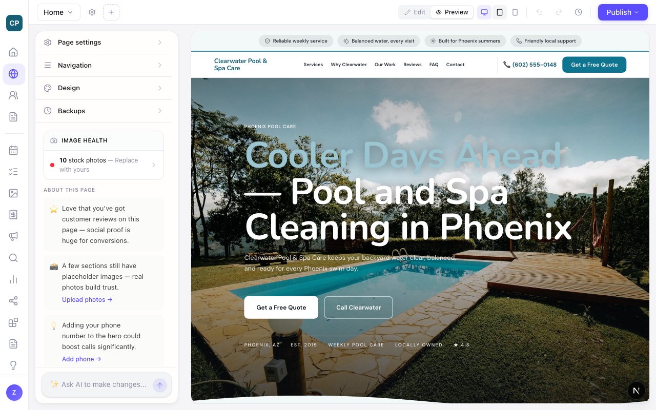 The editor showing a newly built pool and spa cleaning website: the headline Cooler Days Ahead — Pool and Spa Cleaning in Phoenix with Get a Free Quote and Call Clearwater buttons, over a photo of a backyard swimming pool with a stone deck and a wooden platform