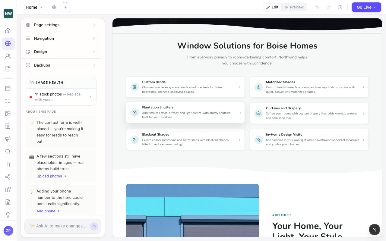 The editor showing a newly built window treatments website, scrolled to its services under the heading Window Solutions for Boise Homes: Custom Blinds, Motorized Shades, Plantation Shutters, Curtains and Drapery, Blackout Shades and In-Home Design Visits, each with a short description