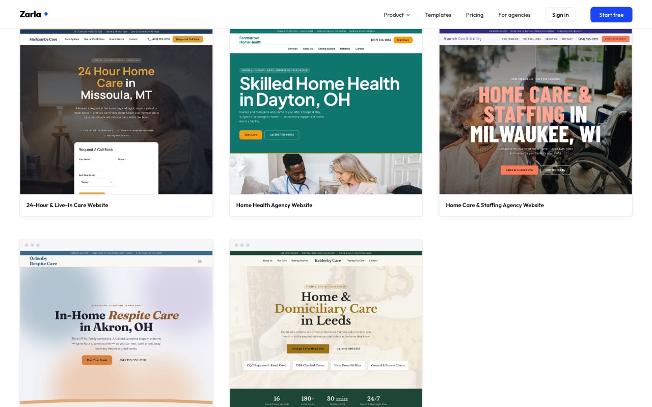 The home care template gallery: the Home Care & Staffing Agency design, and below it the In-Home Respite Care in Akron and Home & Domiciliary Care in Leeds designs, beside the 24 Hour Home Care and Skilled Home Health designs