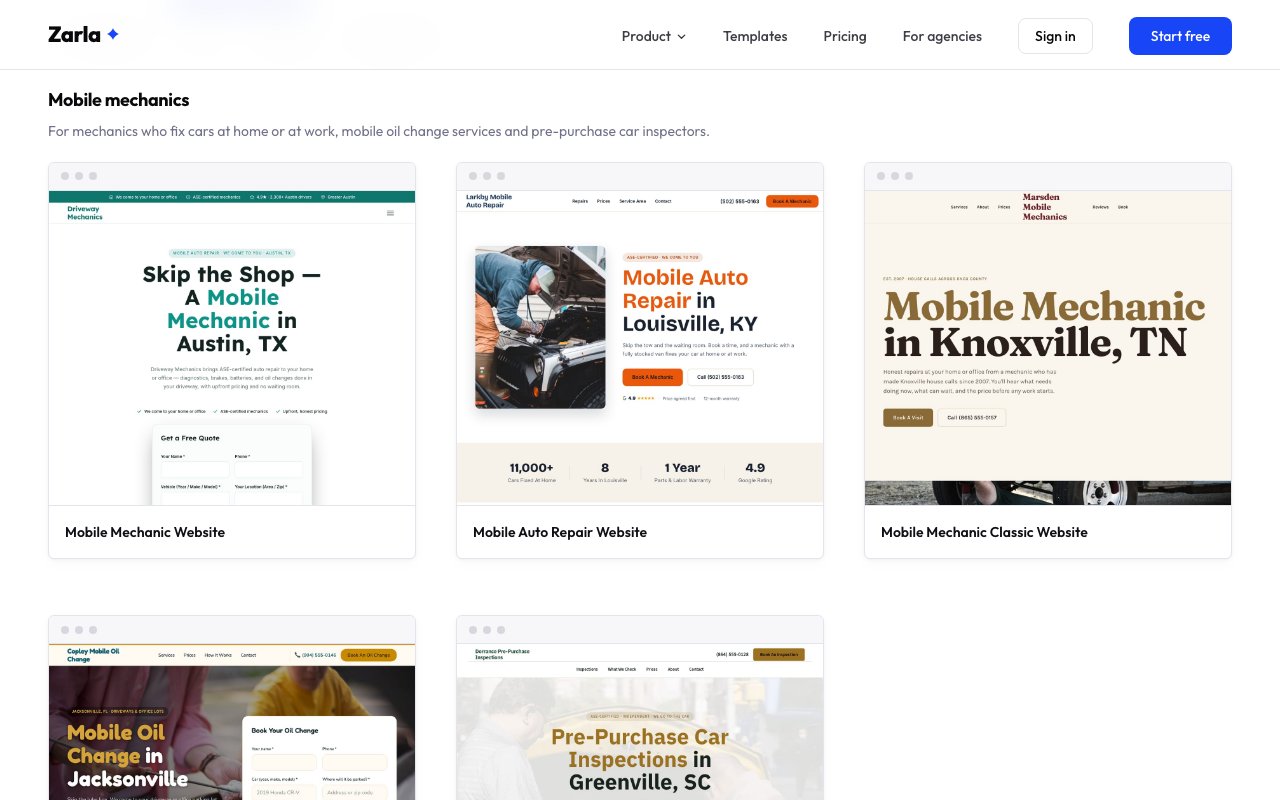 The mobile mechanic template gallery showing the Mobile mechanics group: Mobile Mechanic, Mobile Auto Repair and Mobile Mechanic Classic designs, with the oil change and pre-purchase inspection designs below