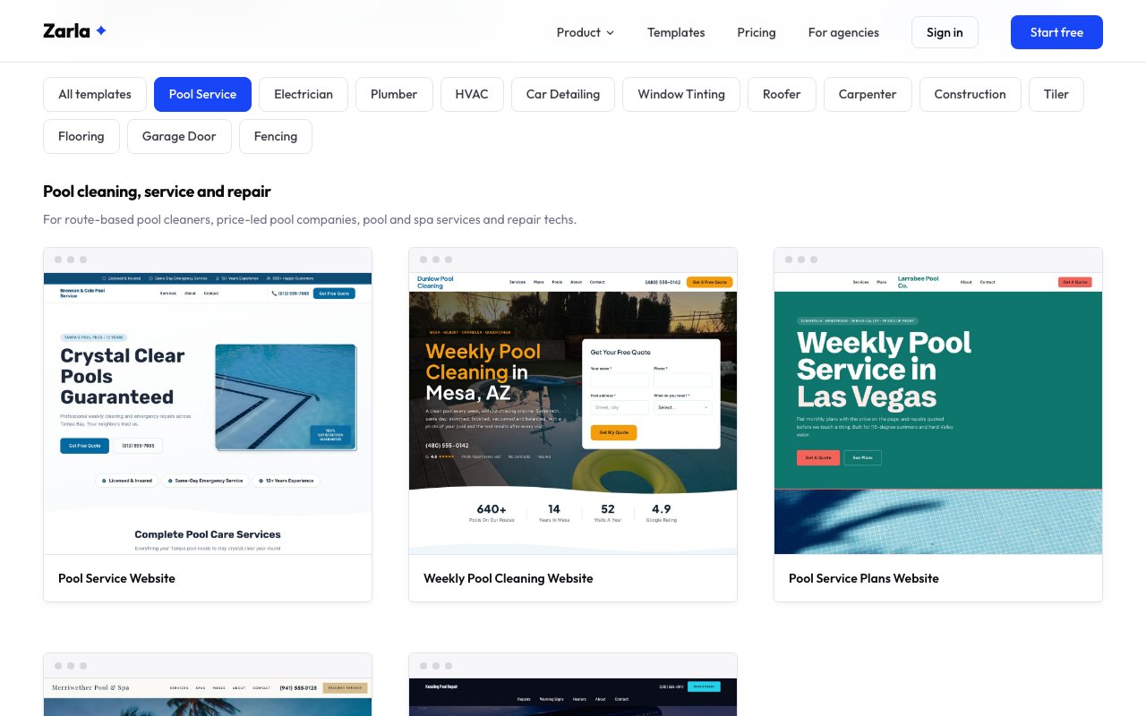 The pool service template gallery showing the first designs: Pool Service, Weekly Pool Cleaning and Pool Service Plans