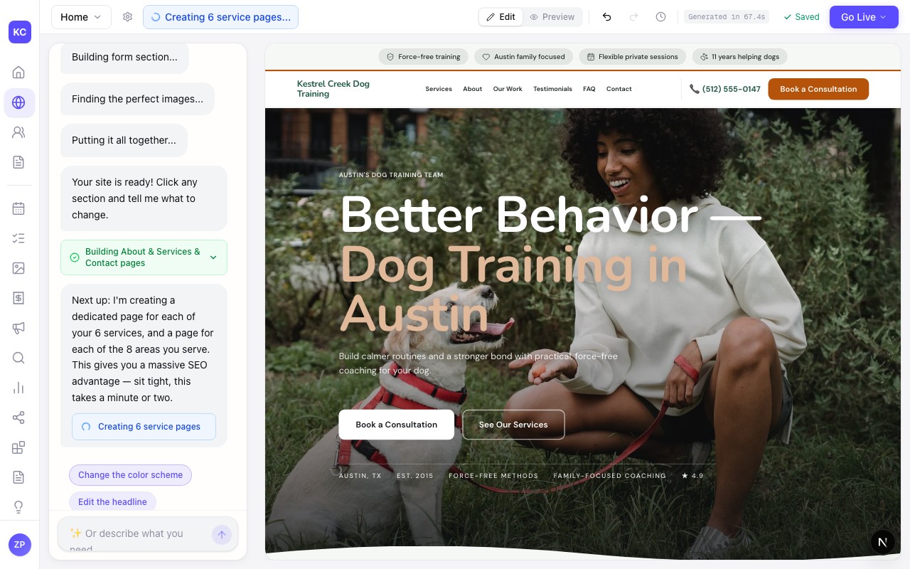 The editor showing a newly built dog training website: the headline Better Behavior — Dog Training in Austin with Book a Consultation and See Our Services buttons, over a photo of a trainer crouching on grass beside a cream dog on a red harness