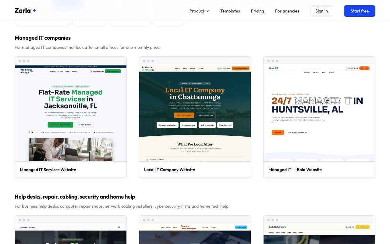 The IT services template gallery showing the Managed IT companies group: Managed IT Services, Local IT Company and Managed IT — Bold designs