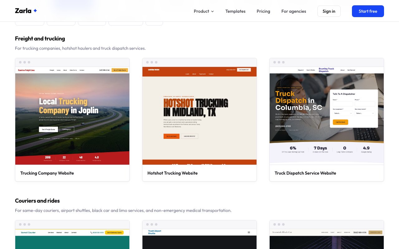 The transportation template gallery showing Trucking Company, Hotshot Trucking and Truck Dispatch Service, with more designs below