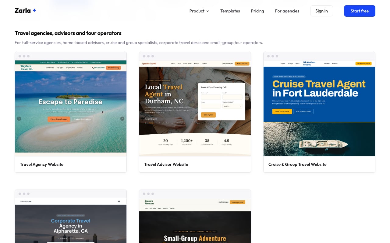 The travel agency template gallery showing Travel Agency, Travel Advisor and Cruise & Group Travel designs