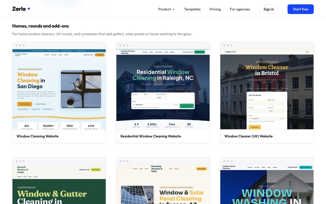 The window cleaning template gallery showing the first home designs: Window Cleaning, Residential Window Cleaning and Window Cleaner (UK)