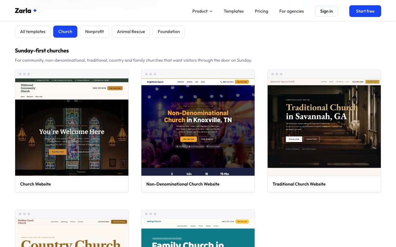 The church template gallery showing Church, Non-Denominational Church and Traditional Church designs, with Country Church and Family Church below