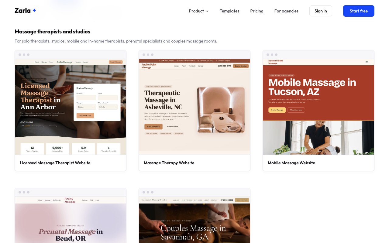 The massage template gallery showing Licensed Massage Therapist, Massage Therapy and Mobile Massage designs