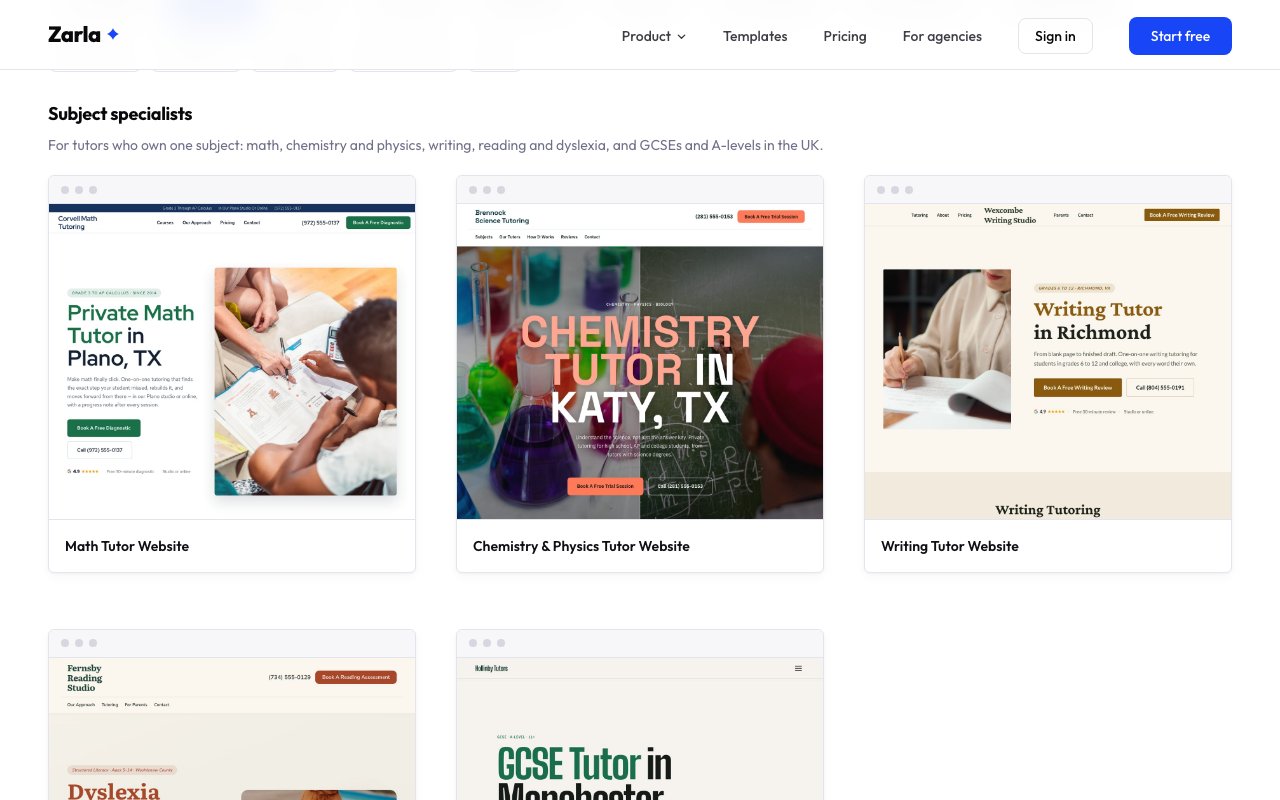 The tutoring template gallery's Subject specialists group: the Math Tutor, Chemistry & Physics Tutor and Writing Tutor designs, with the Dyslexia Tutor and GCSE Tutor designs below