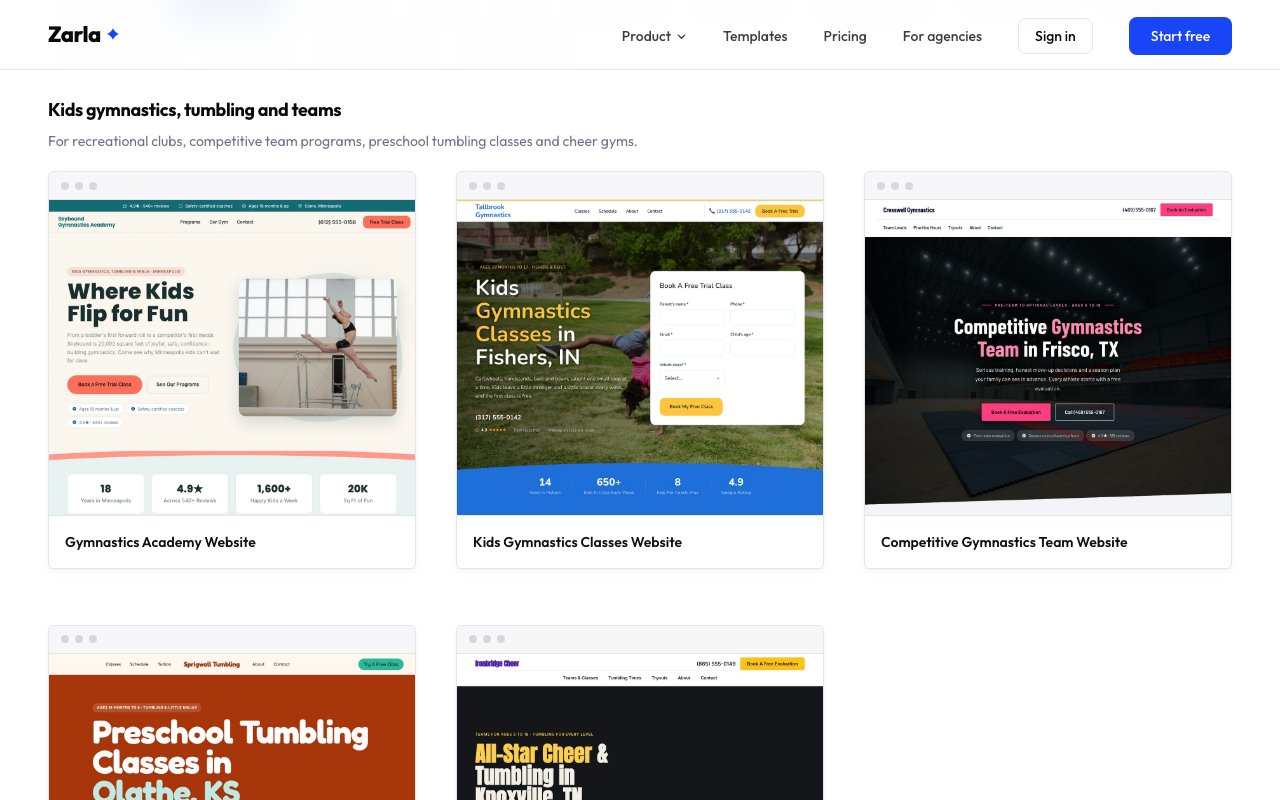 The gymnastics template gallery showing Gymnastics Academy, Kids Gymnastics Classes and Competitive Gymnastics Team designs