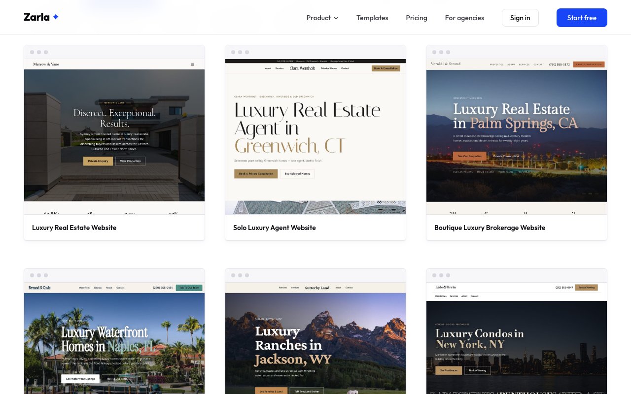 The luxury real estate template gallery: six design cards including Luxury Real Estate Agent in Greenwich, CT, Luxury Real Estate in Palm Springs, CA, Luxury Waterfront Homes in Naples, FL, Luxury Ranches in Jackson, WY and Luxury Condos in New York, NY