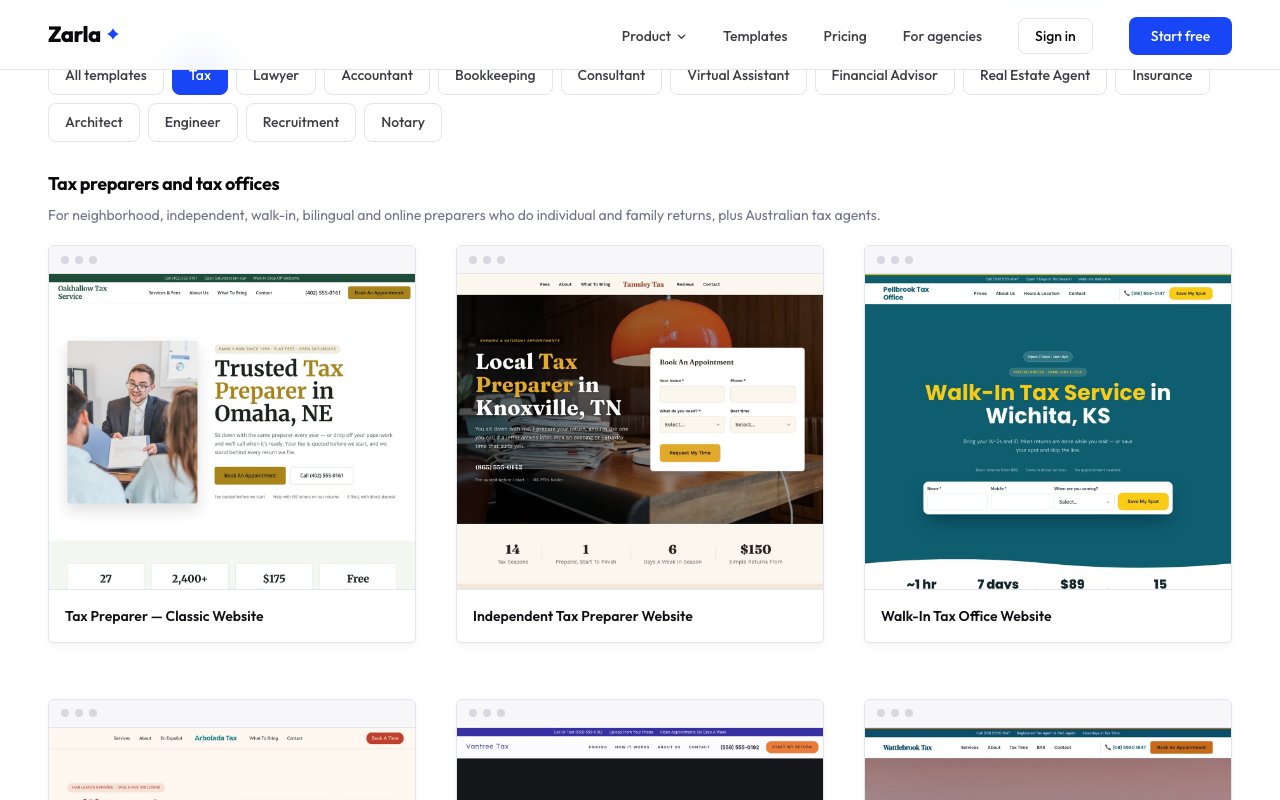 The tax template gallery showing Tax Preparer — Classic, Independent Tax Preparer and Walk-In Tax Office designs