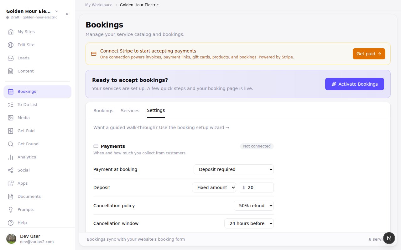 The Bookings page's Settings tab showing the Payments section: payment at booking, a fixed deposit amount, and the cancellation policy and window