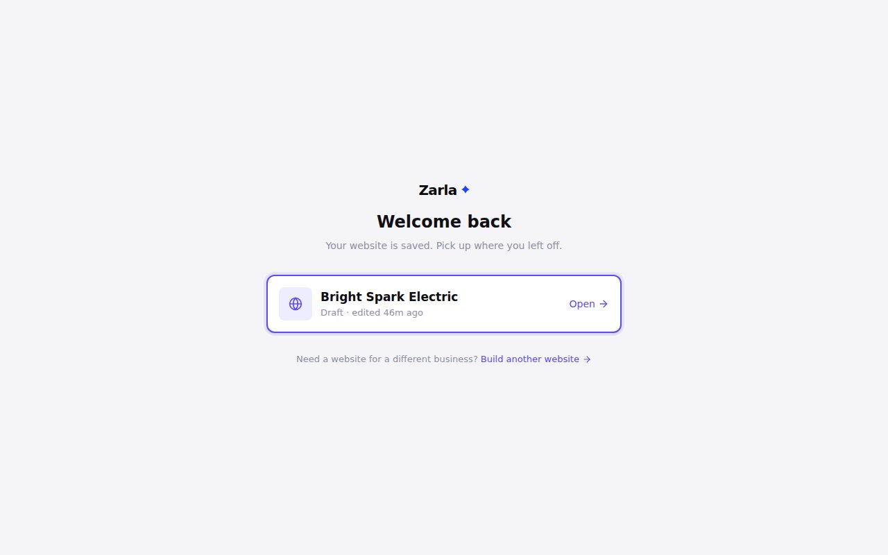 A Welcome back screen with a card for a saved draft website, Bright Spark Electric, an Open button, and a link to build another website.