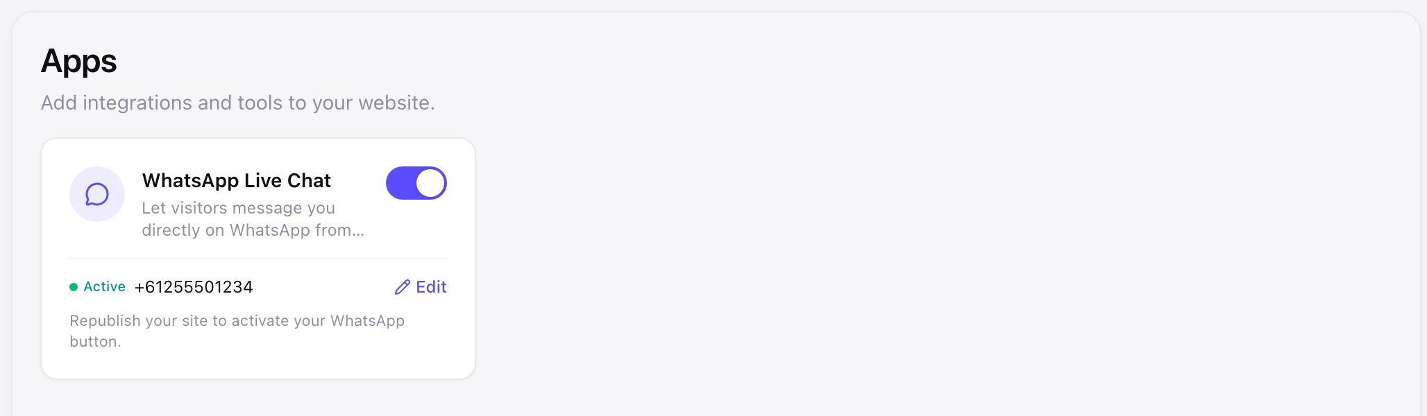 The Apps page in the Zarla dashboard with WhatsApp Live Chat switched on — the card shows Active, the saved number, an Edit link and the note to republish the site to activate the button