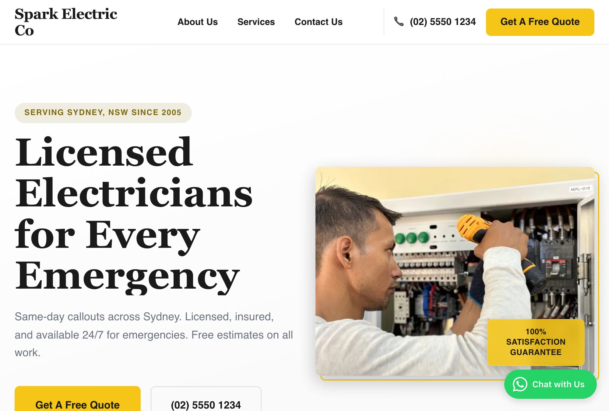 A published Zarla site for an electrician with the green WhatsApp Chat with Us button in the bottom-right corner of the page