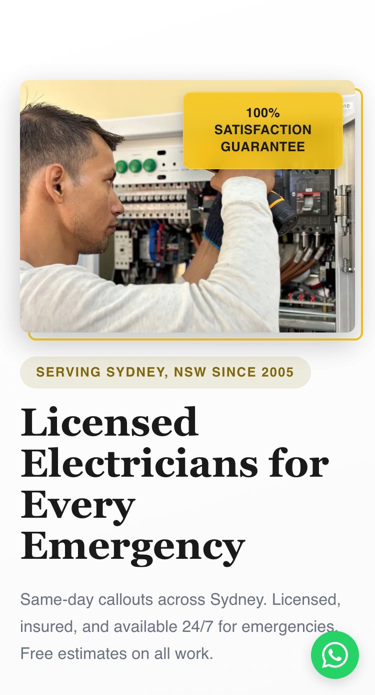 A published Zarla site on a phone — an electrician's home page with the round green WhatsApp button in the bottom-right corner
