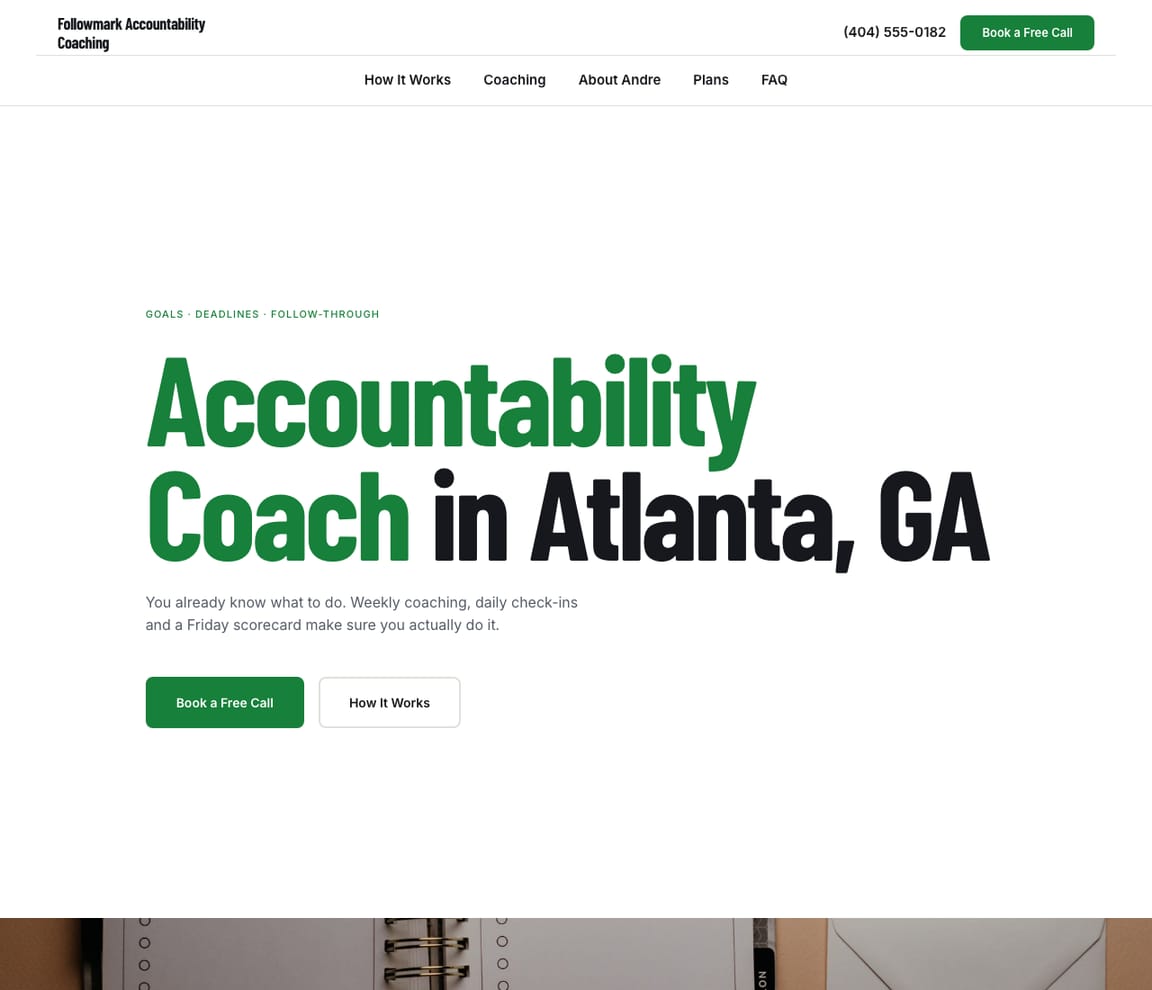 Home page of the Accountability Coach website template, with the headline “Accountability Coach in Atlanta, GA”