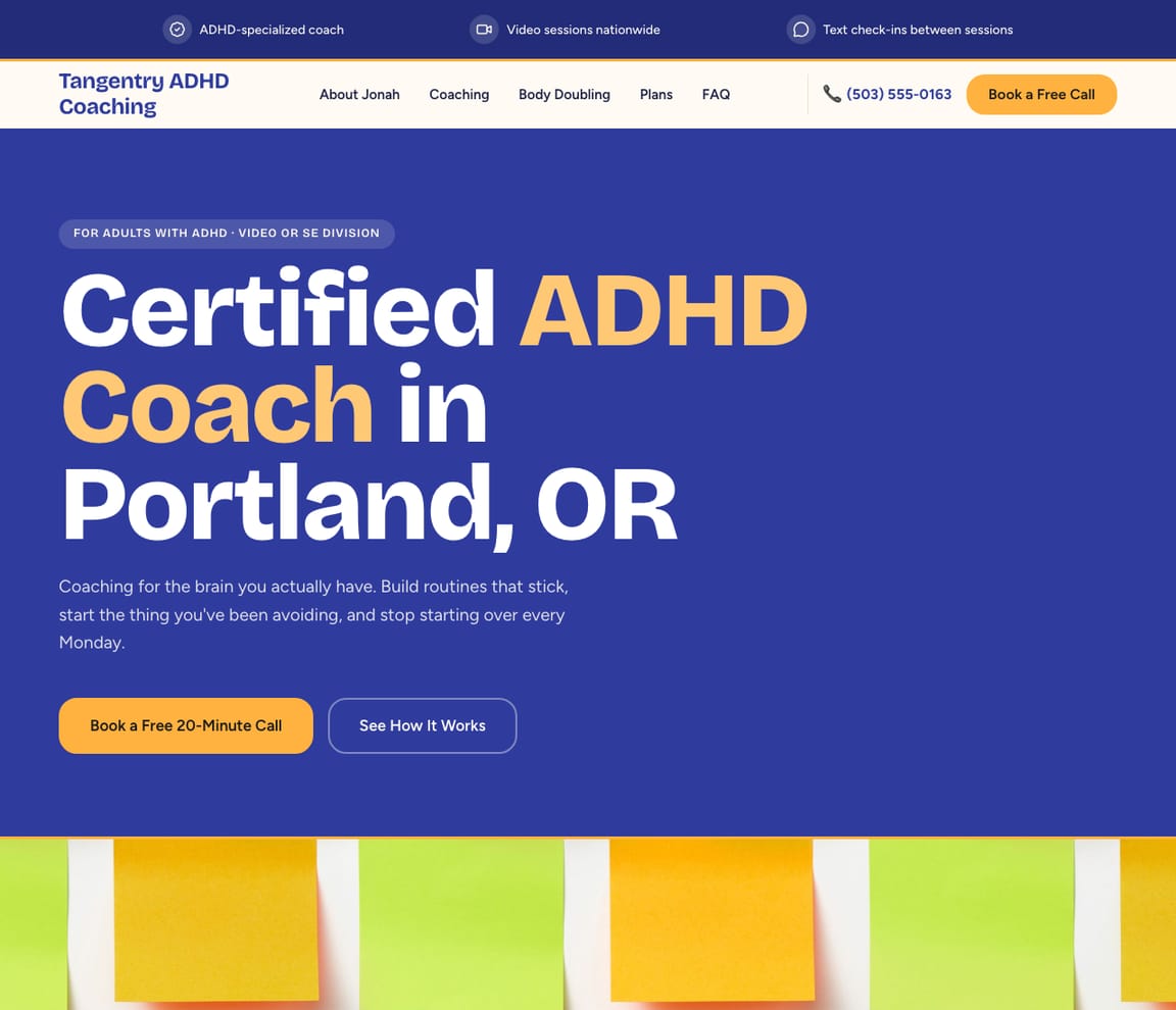 Home page of the ADHD Coach website template, with the headline “Certified ADHD Coach in Portland, OR”