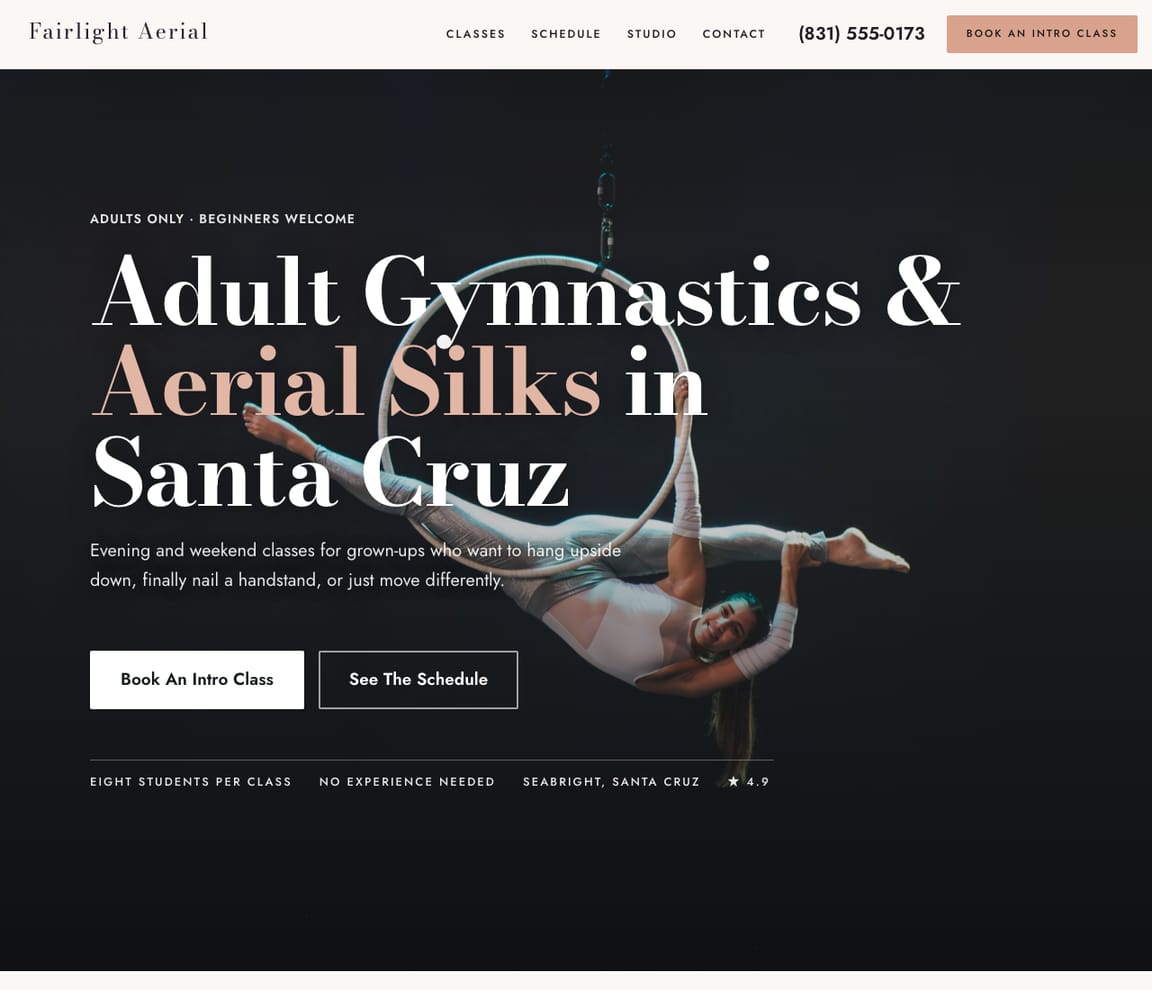Home page of the Adult Gymnastics & Aerial website template, headline “Adult Gymnastics & Aerial Silks in Santa Cruz”