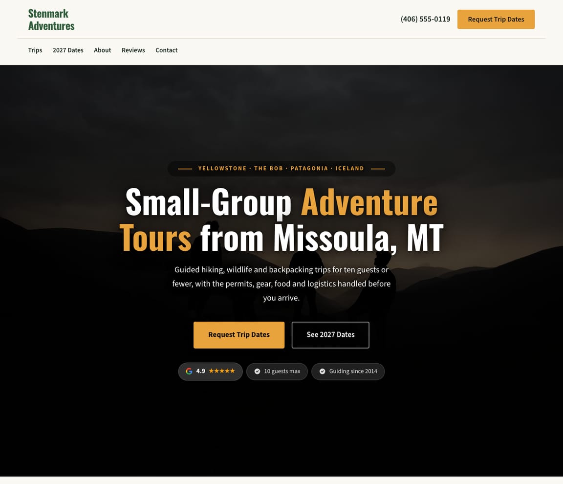 Home page of the Adventure Tours website template, with the headline “Small-Group Adventure Tours from Missoula, MT”