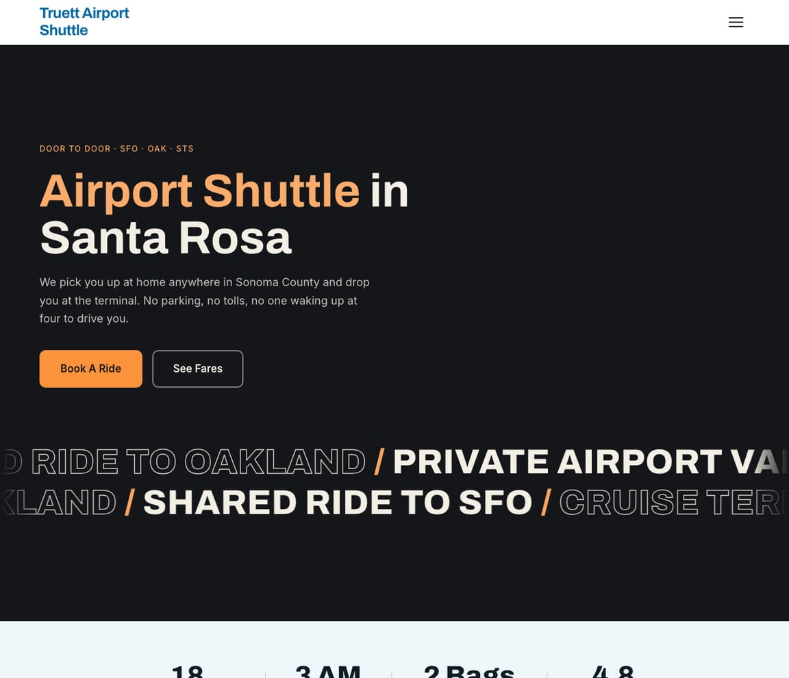Home page of the Airport Shuttle Service website template, with the headline “Airport Shuttle in Santa Rosa”