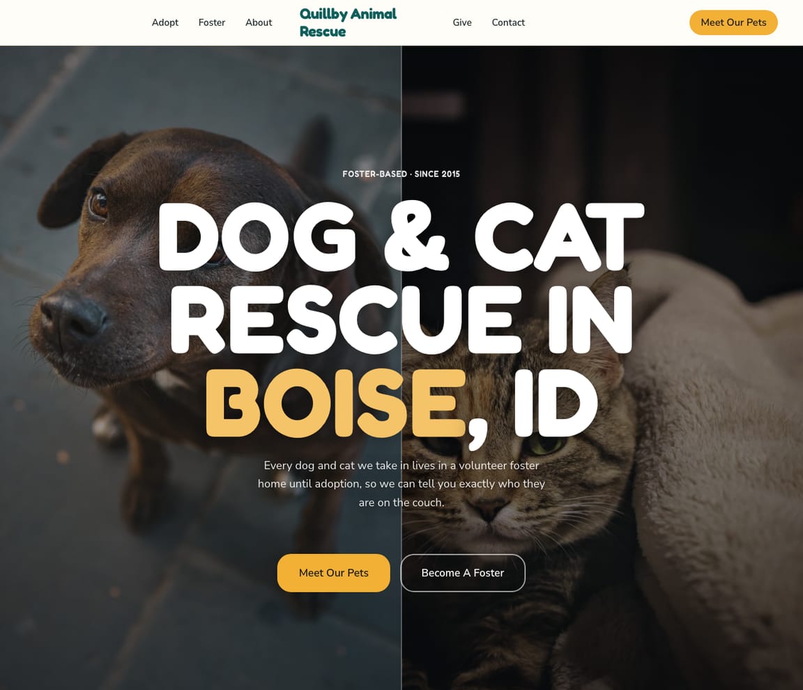 Home page of the Animal Rescue website template, with the headline “Dog & Cat Rescue in Boise, ID”