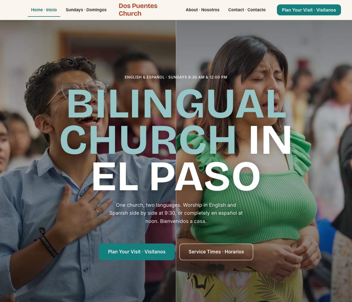 Home page of the Bilingual Church website template, with the headline “Bilingual Church in El Paso”