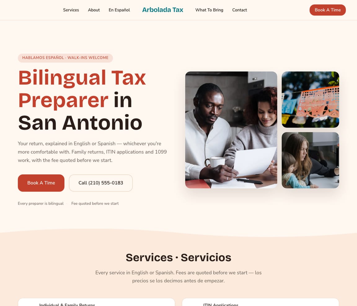 Home page of the Bilingual Tax Preparer website template, with the headline “Bilingual Tax Preparer in San Antonio”