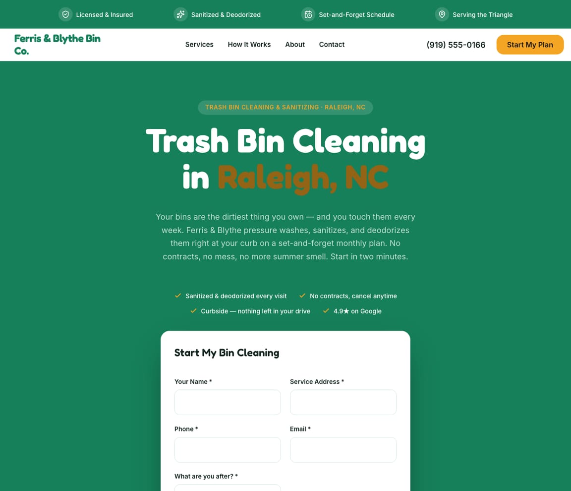 Trash Bin Cleaning website template preview