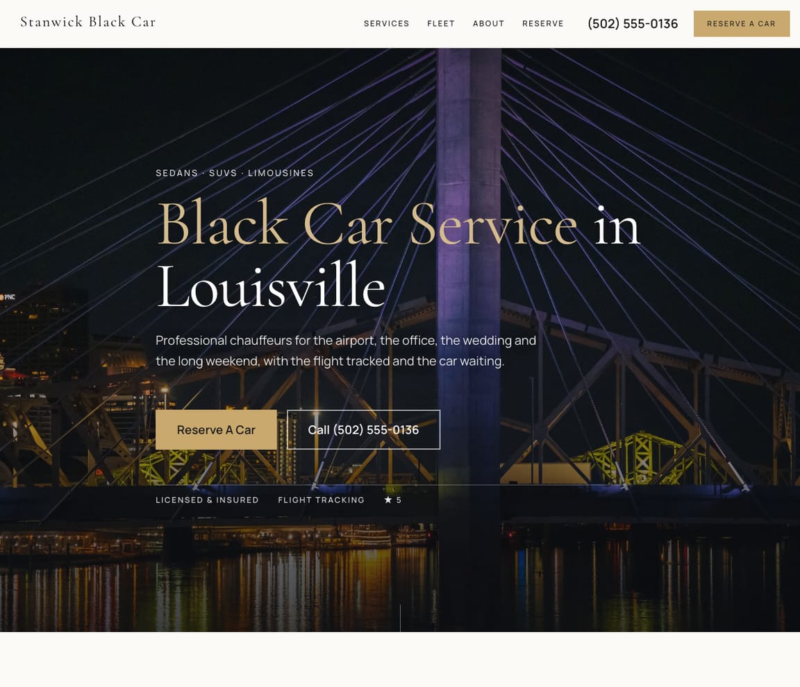 Home page of the Black Car & Chauffeur website template, with the headline “Black Car Service in Louisville”