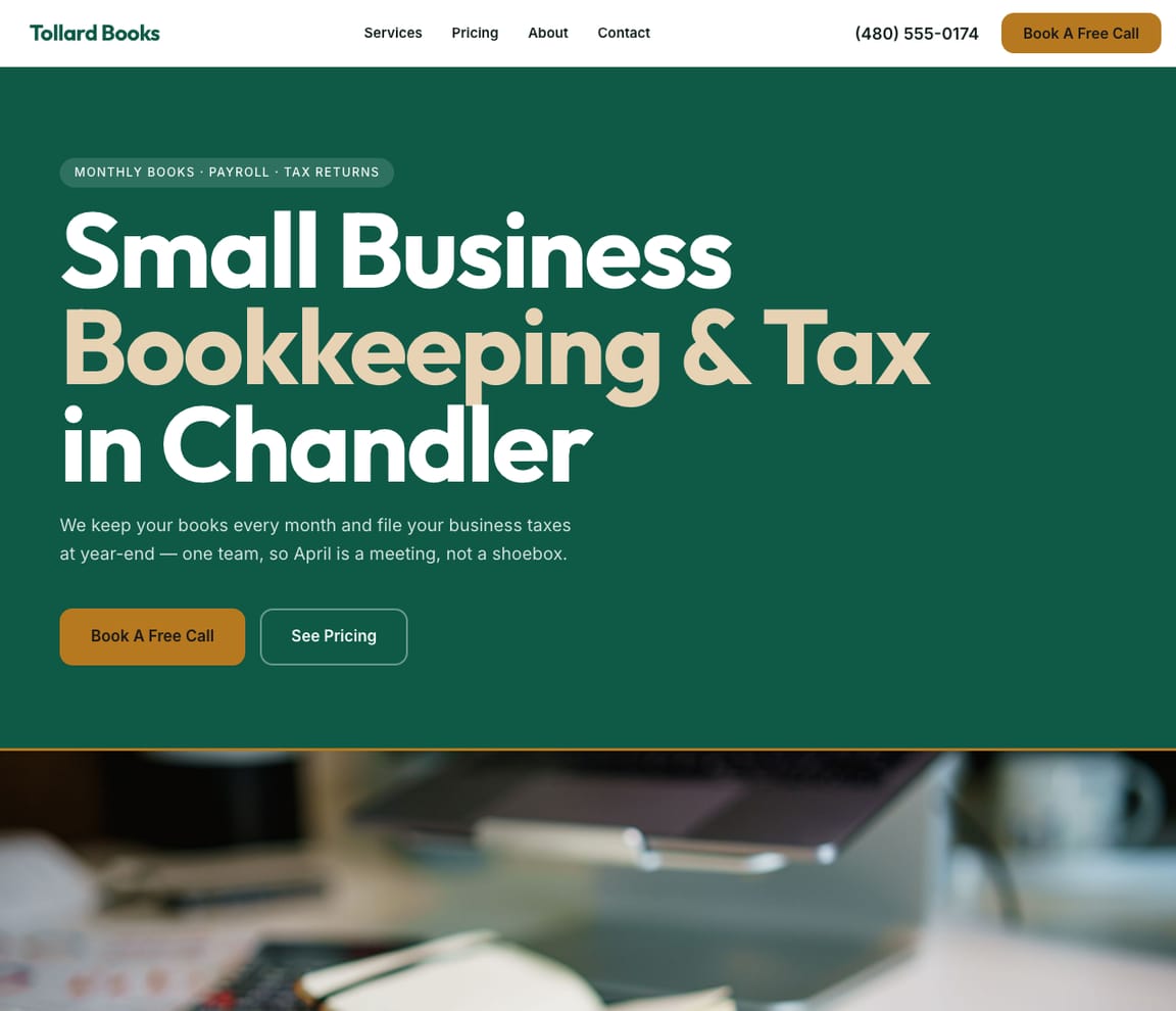 Home page of the Bookkeeping & Tax website template, with the headline “Small Business Bookkeeping & Tax in Chandler”