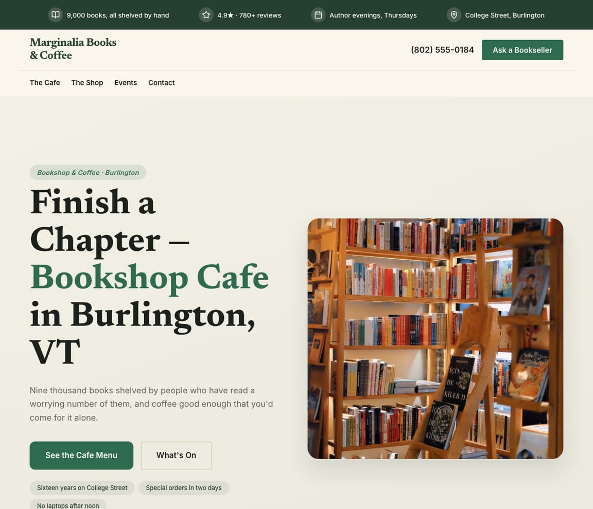 Bookshop Cafe website template preview