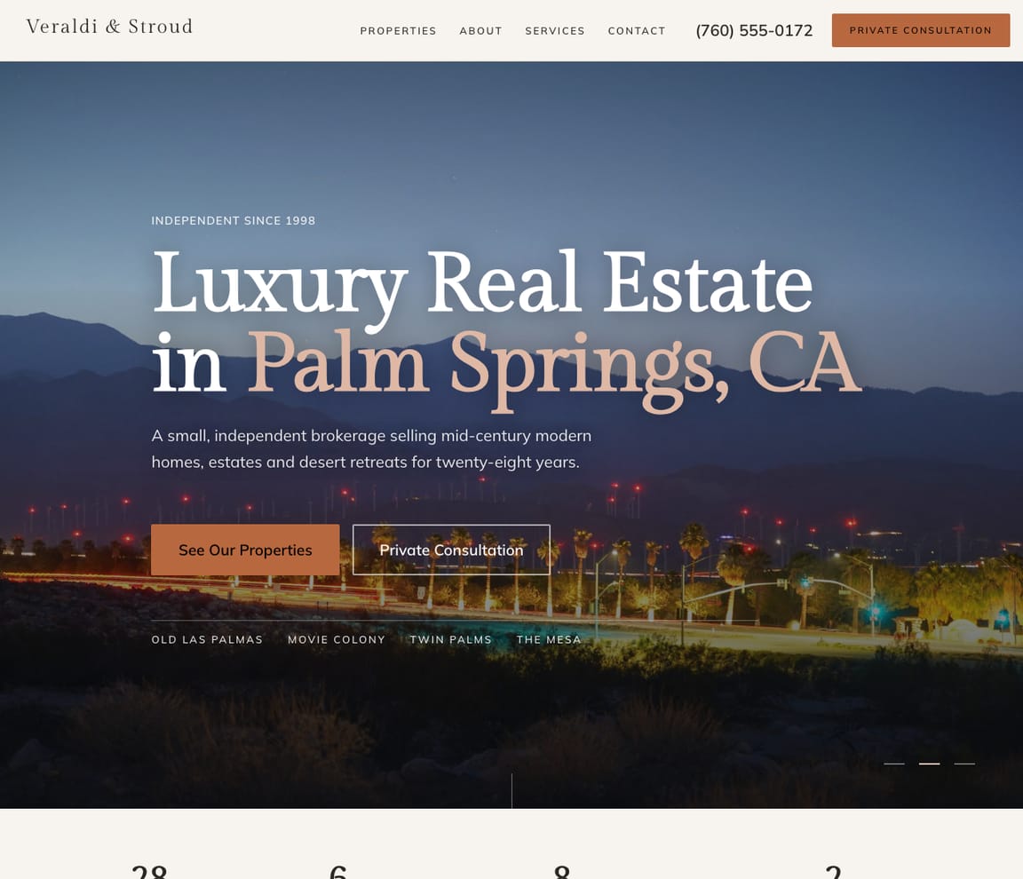 Home page of the Boutique Luxury Brokerage website template, with the headline “Luxury Real Estate in Palm Springs, CA”