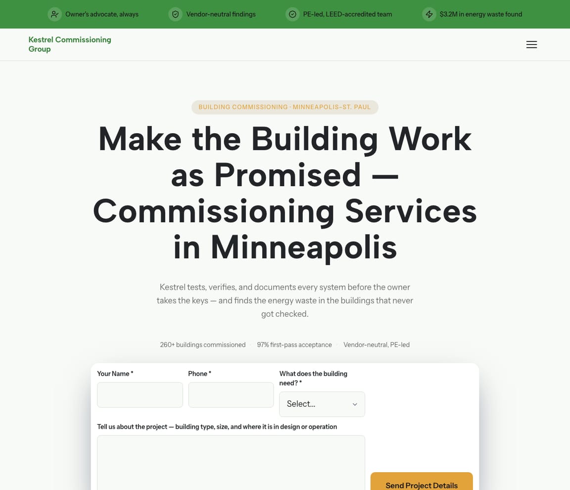 Building Commissioning website template preview