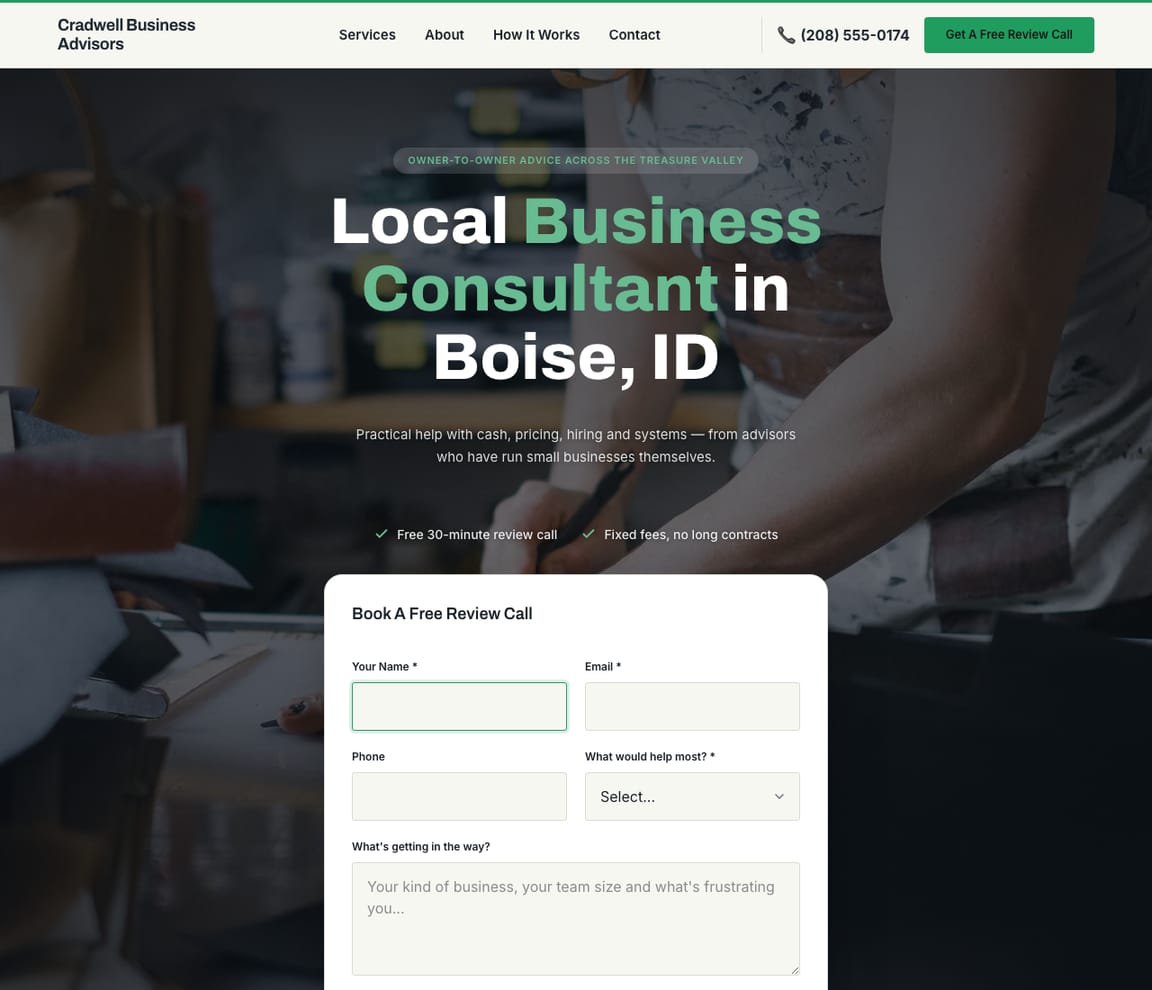 Home page of the Business Consultant website template