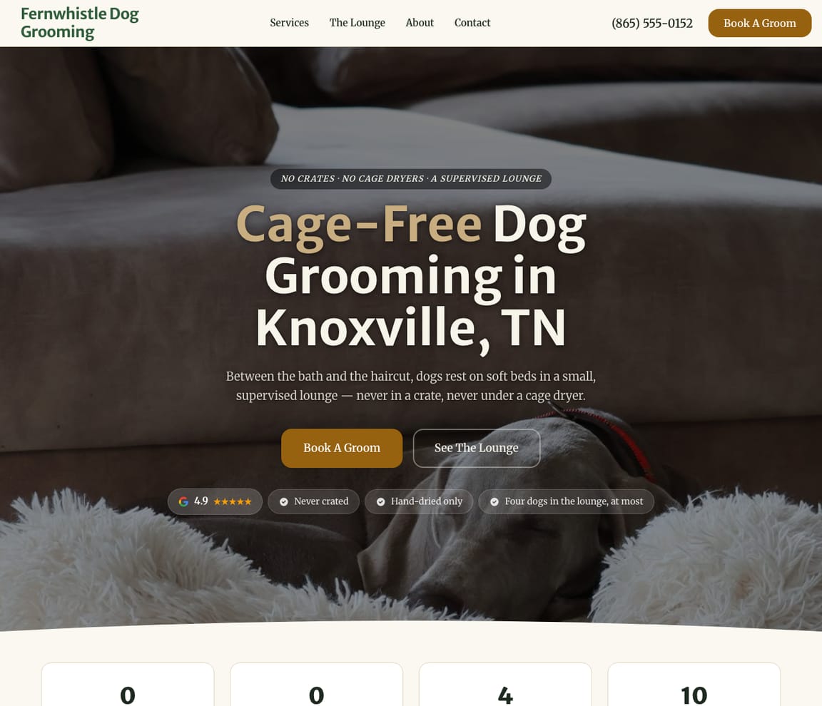 Home page of the Cage-Free Dog Grooming website template, with the headline “Cage-Free Dog Grooming in Knoxville, TN”