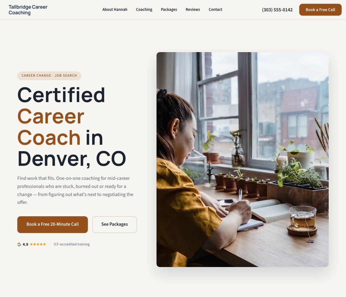 Home page of the Career Coach website template, with the headline “Certified Career Coach in Denver, CO”