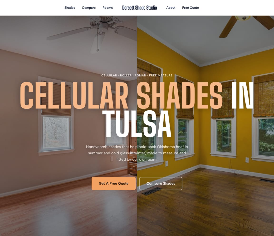 Home page of the Cellular & Roller Shades website template, with the headline “Cellular Shades in Tulsa”