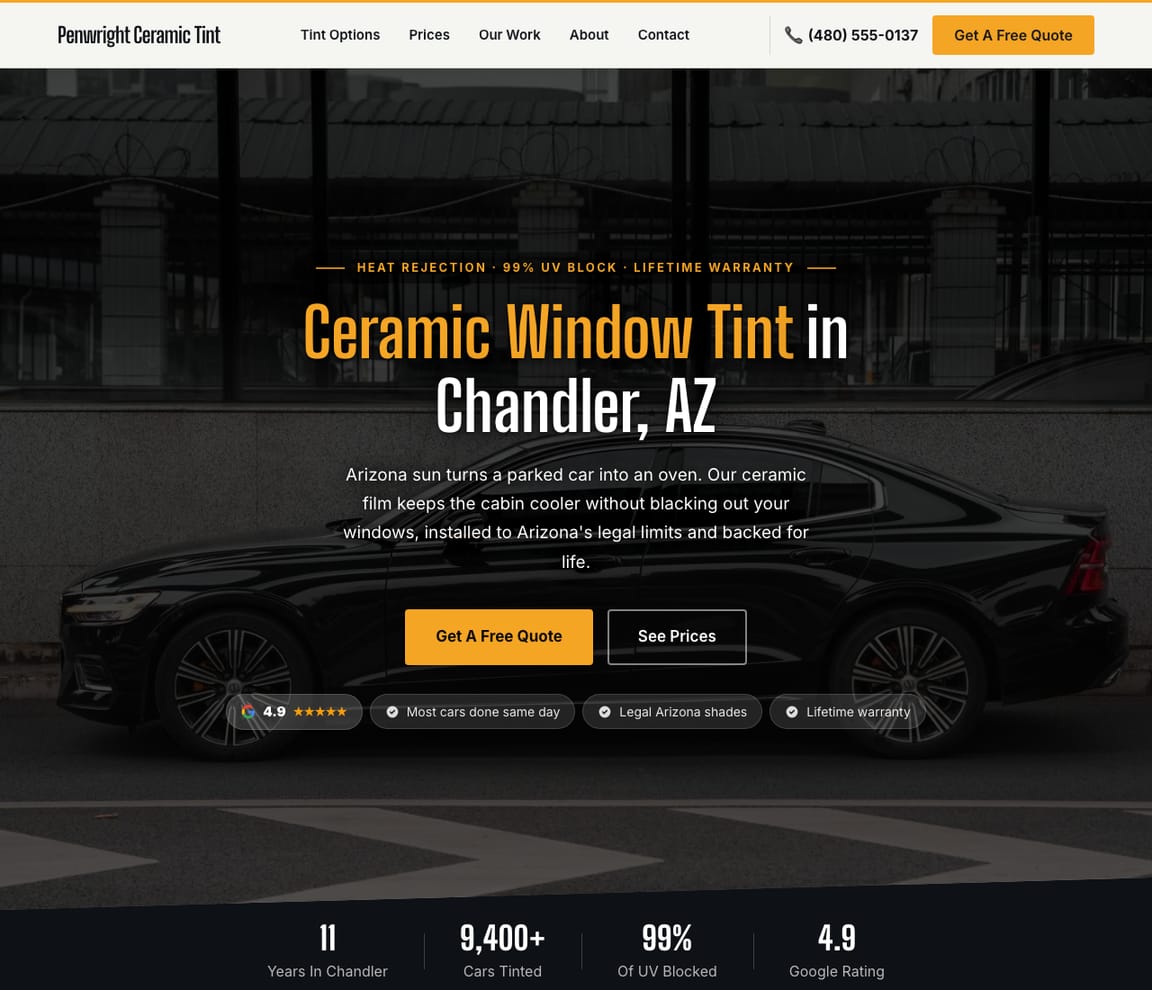 Home page of the Ceramic Window Tint website template, with the headline “Ceramic Window Tint in Chandler, AZ”