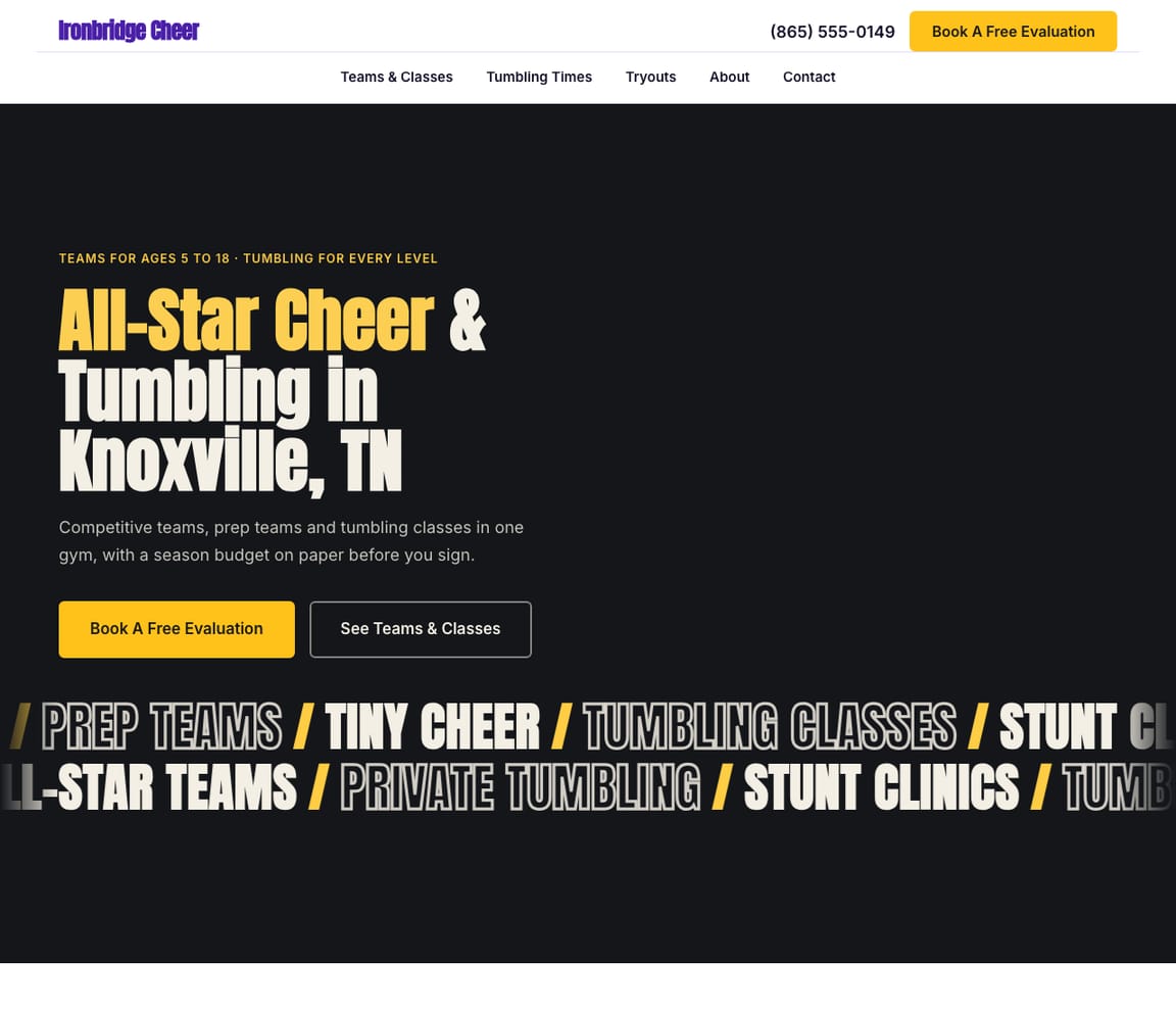 Home page of the Cheer & Tumbling Gym website template, with the headline “All-Star Cheer & Tumbling in Knoxville, TN”