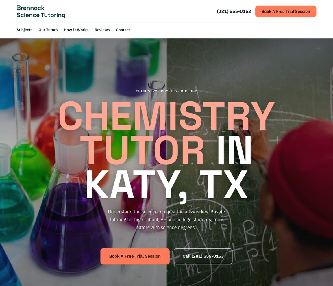 Home page of the Chemistry & Physics Tutor website template, with the headline “Chemistry Tutor in Katy, TX”