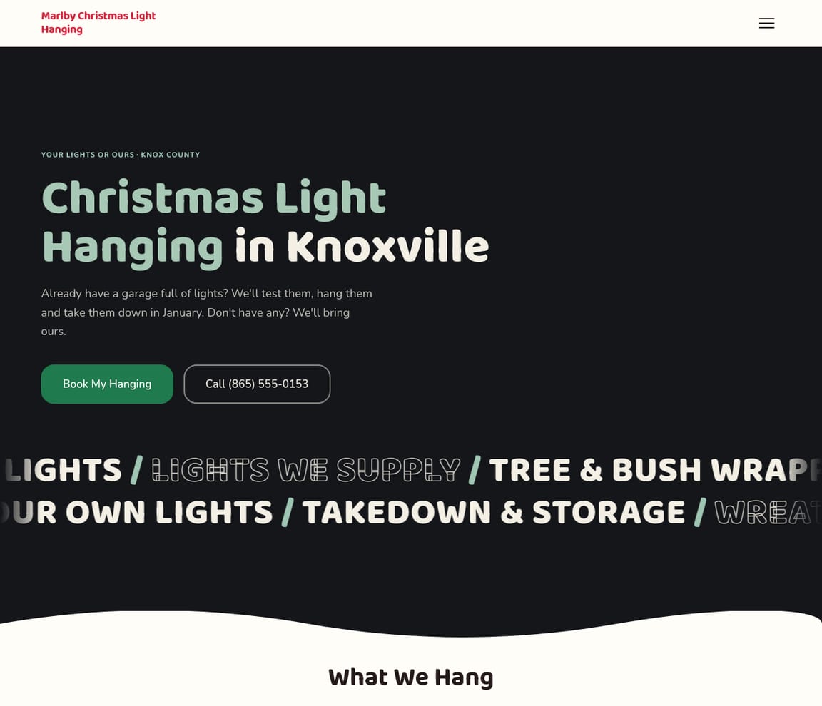 Home page of the Christmas Light Hanging website template, with the headline “Christmas Light Hanging in Knoxville”